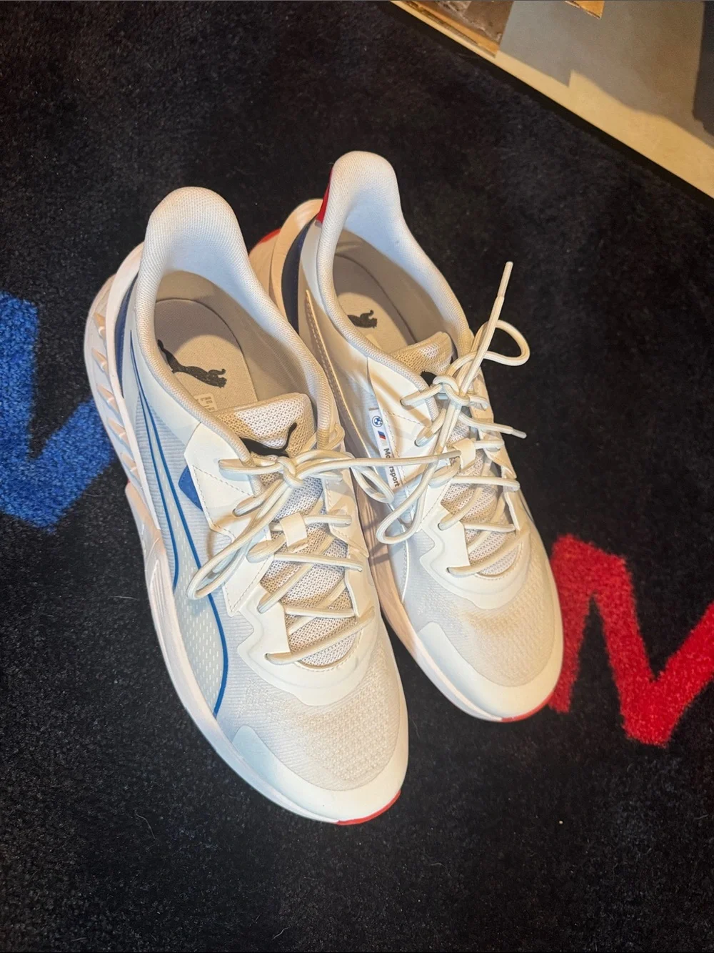 Puma BMW White Sneakers with Blue Stripe and Red Accents